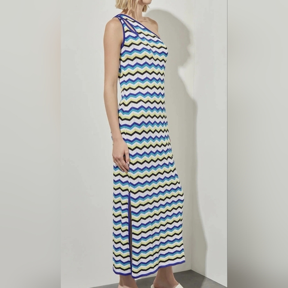 NWT MING WANG One Shoulder Cutout Column Maxi Dress Chevron Blue Knit Size L